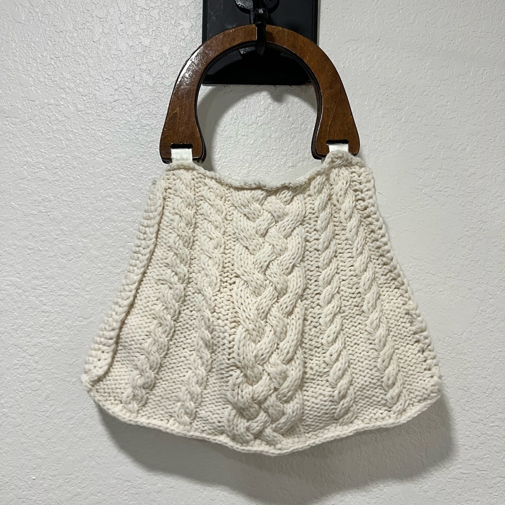 Ivory Cable Knit Purse With Wooden Handles